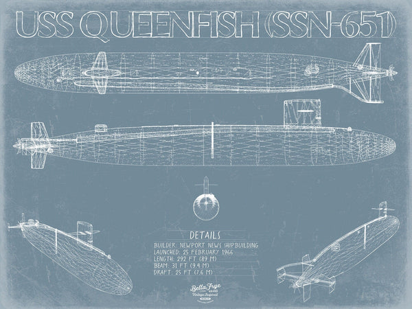 Bella Frye USS Queenfish (SSN-651) Blueprint Wall Art - Original Nuclear-powered Attack Submarine Print