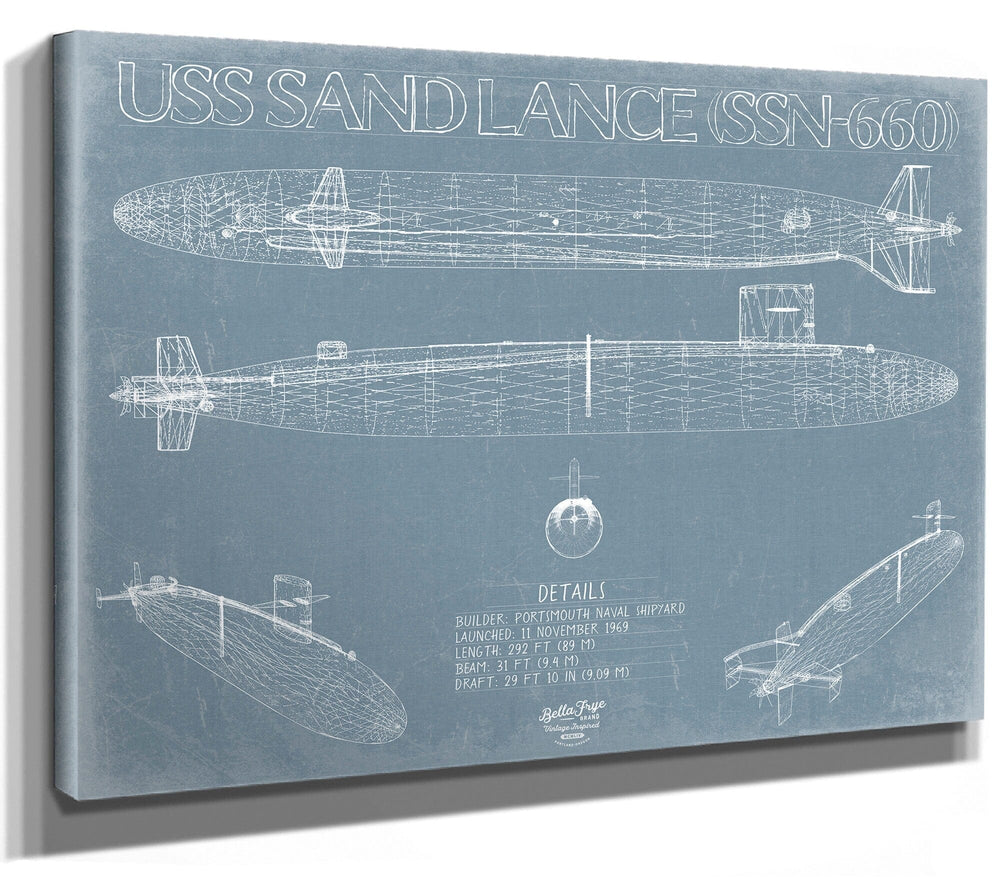 Bella Frye USS Sand Lance (SSN-660) Blueprint Wall Art - Original Nuclear-powered Attack Submarine Print