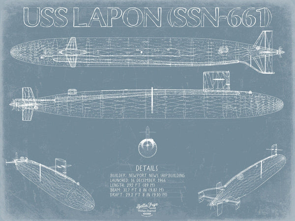 Bella Frye USS Lapon (SSN-661) Blueprint Wall Art - Original Nuclear-powered Attack Submarine Print