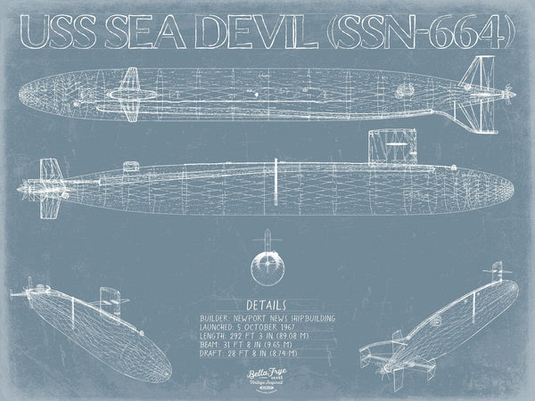 Bella Frye USS Sea Devil (SSN-664) Blueprint Wall Art - Original Nuclear-powered Attack Submarine Print