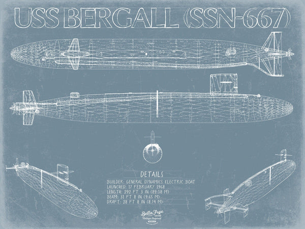 Bella Frye USS Bergall (SSN-667) Blueprint Wall Art - Original Nuclear-powered Attack Submarine Print