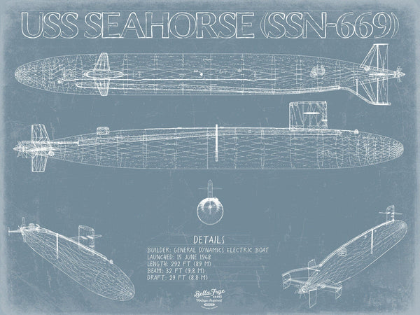 Bella Frye USS Seahorse (SSN-669) Blueprint Wall Art - Original Nuclear-powered Attack Submarine Print