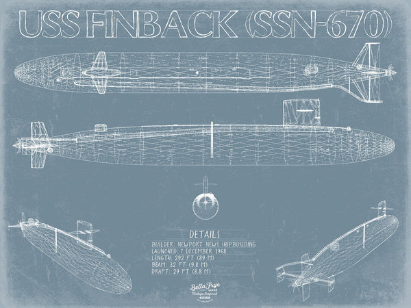 Bella Frye USS Finback (SSN-670) Blueprint Wall Art - Original Nuclear-powered Attack Submarine Print