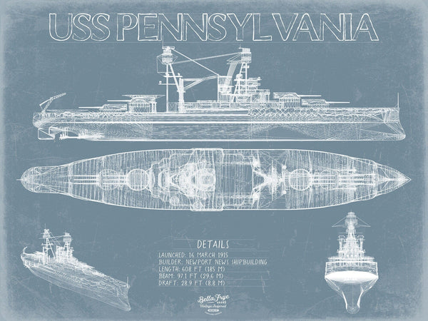 Bella Frye USS Pennsylvania (BB-38) Blueprint Wall Art - Original Carrier Print