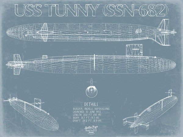 Bella Frye USS Tunny (SSN-682) Blueprint Wall Art - Original Nuclear-powered Attack Submarine Print