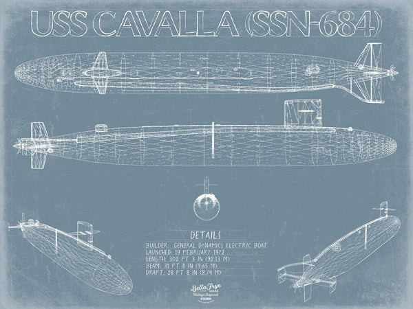 Bella Frye USS Cavalla (SSN-684) Blueprint Wall Art - Original Nuclear-powered Attack Submarine Print