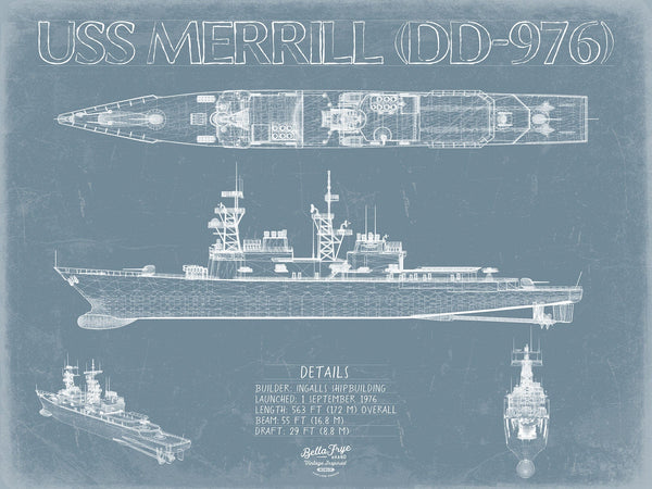 Bella Frye USS Merrill (DD-976) Blueprint Wall Art - Original Destroyer Print