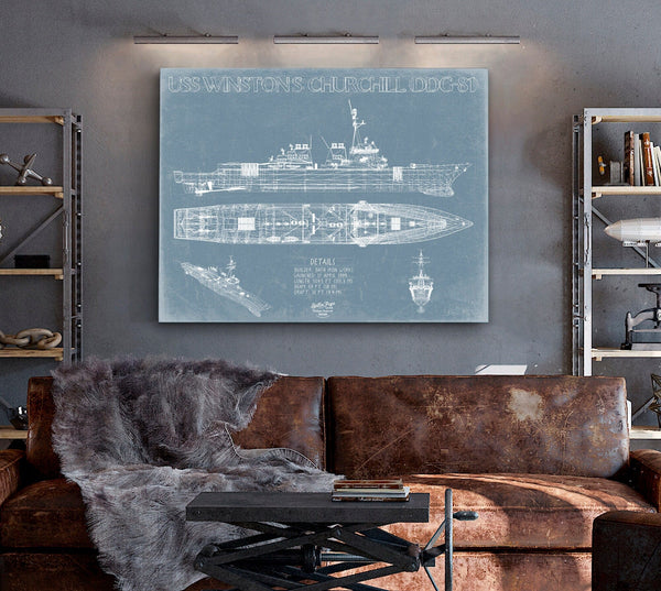 Bella Frye USS Winston S. Churchill (DDG-81) Blueprint Wall Art - Original Guided-Missile Destroyer Print