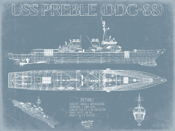 Bella Frye USS Preble (DDG-88) Blueprint Wall Art - Original Guided-Missile Destroyer Print