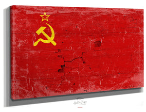 Bella Frye Soviet Union Flag Wall Art - Vintage Soviet Union Flag Sign Weathered Wood Style on Canvas