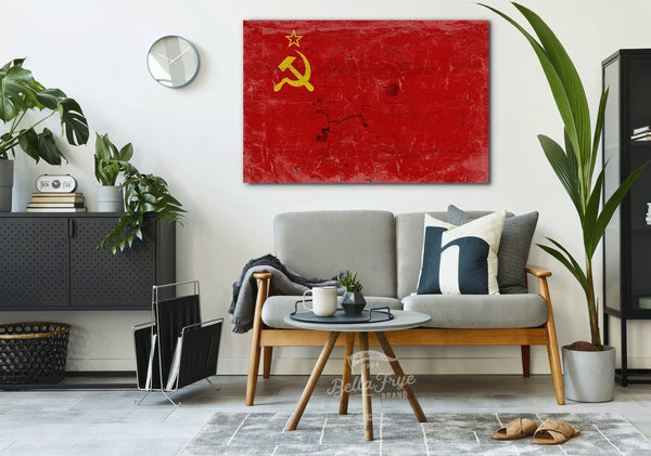 Bella Frye Soviet Union Flag Wall Art - Vintage Soviet Union Flag Sign Weathered Wood Style on Canvas