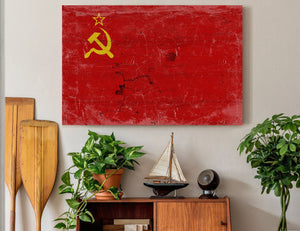 Bella Frye Soviet Union Flag Wall Art - Vintage Soviet Union Flag Sign Weathered Wood Style on Canvas