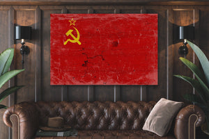 Bella Frye Soviet Union Flag Wall Art - Vintage Soviet Union Flag Sign Weathered Wood Style on Canvas