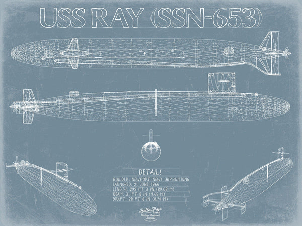 Bella Frye USS Ray (SSN-653) Blueprint Wall Art - Original Nuclear-powered Attack Submarine Print