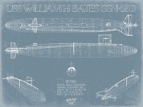 Bella Frye USS William H. Bates (SSN-680) Blueprint Wall Art - Original Nuclear-powered Attack Submarine Print