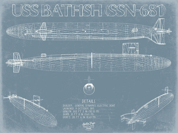 Bella Frye USS Batfish (SSN-681) Blueprint Wall Art - Original Nuclear-powered Attack Submarine Print