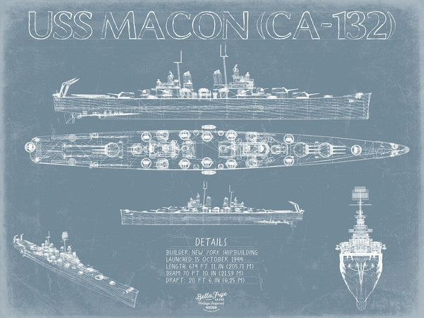 Bella Frye USS Macon (CA-132) Blueprint Wall Art - Original Cruiser Print