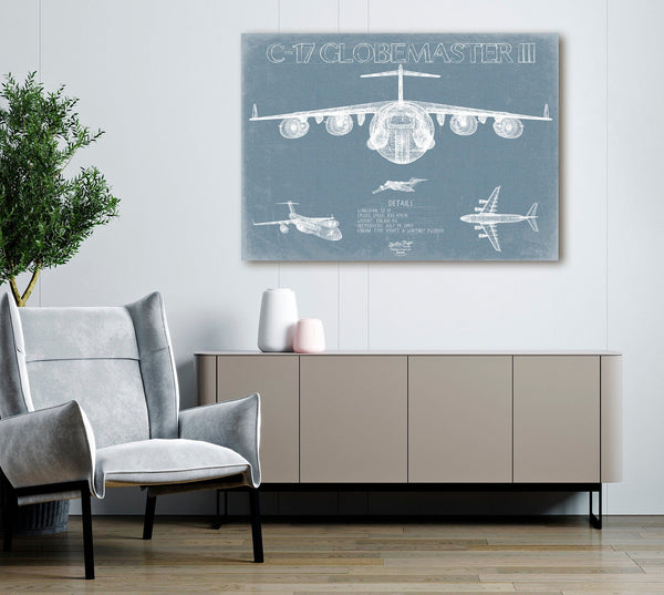 Bella Frye Boeing C-17 Globemaster III Aircraft Blueprint Wall Art - Original Fighter Plane Print