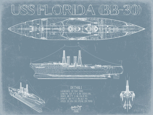 Bella Frye USS Florida (BB-30) Blueprint Wall Art - Original Battleship Print