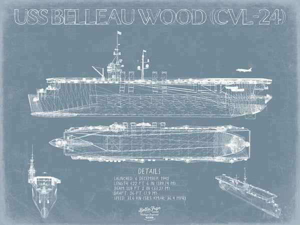 Bella Frye USS Belleau Wood (CVL-24) Blueprint Wall Art - Original Carrier Print