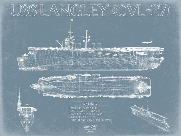 Bella Frye USS Langley (CVL-27) Blueprint Wall Art - Original Carrier Print