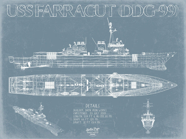 Bella Frye USS Farragut (DDG-99) Blueprint Wall Art - Original Guided-Missile Destroyer Print