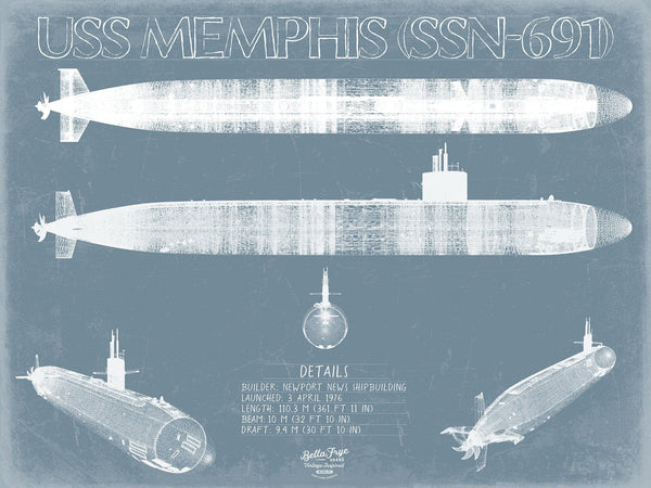 Bella Frye USS Memphis (SSN-691) Blueprint Wall Art - Original Submarine Print