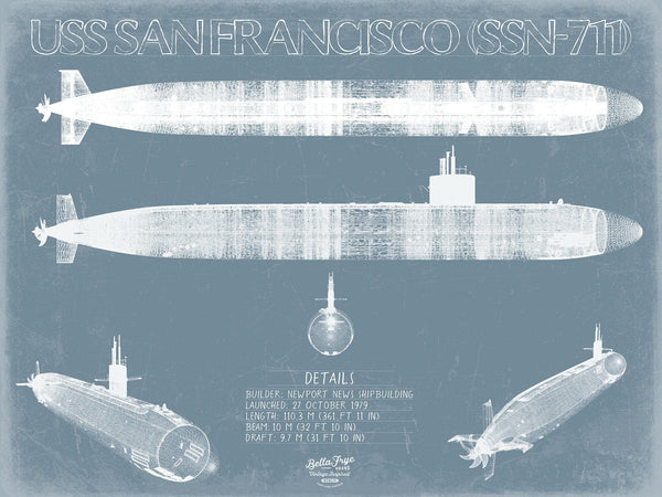 Bella Frye USS San Francisco (SSN-711) Blueprint Wall Art - Original Submarine Print