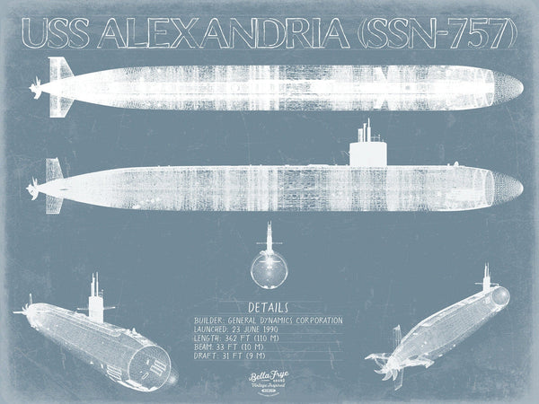 Bella Frye USS Alexandria (SSN-757) Blueprint Wall Art - Original Submarine Print