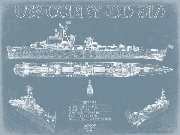 Bella Frye USS Corry (DD-817) Blueprint Wall Art - Original Destroyer Print