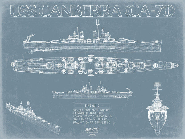 Bella Frye USS Canberra (CA-70) Blueprint Wall Art - Original Cruiser Print