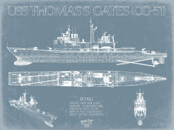 Bella Frye USS Thomas S. Gates (CG-51) Blueprint Wall Art - Original Cruiser Print