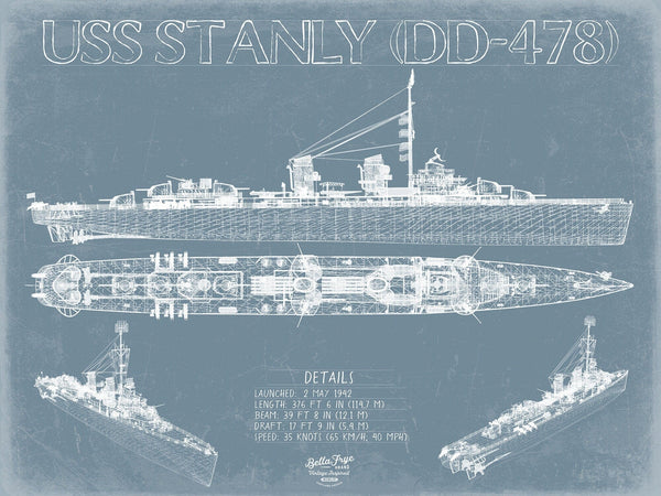 Bella Frye USS Stanly (DD-478) Blueprint Wall Art - Original Destroyer Print