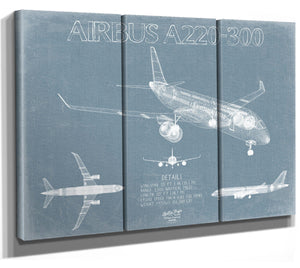 Bella Frye Airbus A220-300 Aircraft Blueprint Wall Art - Original Aviation Plane Print